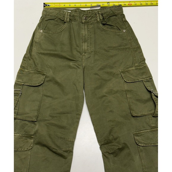 Zara Womens High Waisted Cargo Pants Olive Green Wide Leg Buckle Strap Size 6 - Picture 2 of 4